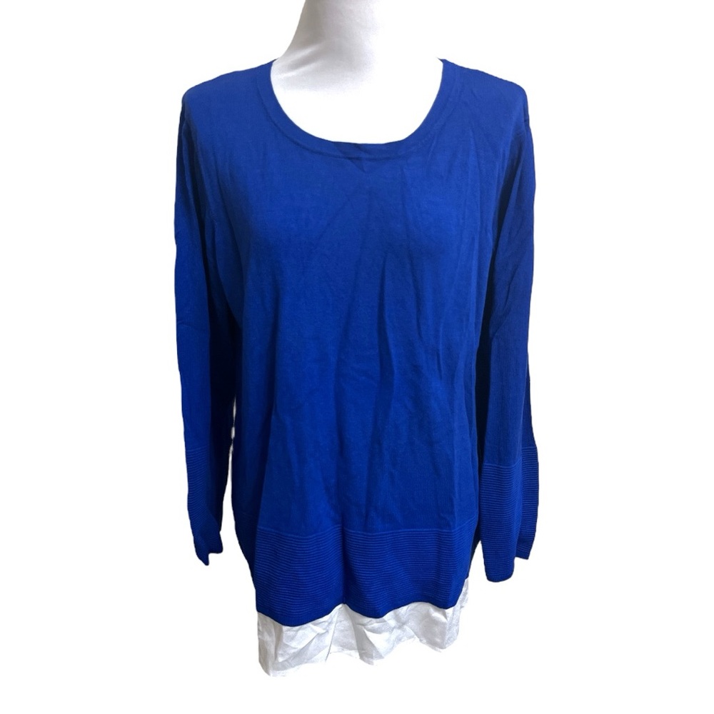 Calvin Klein Women’s Blue & White Knitted Rib Relaxed Long Sleeve Blouse Size XL
